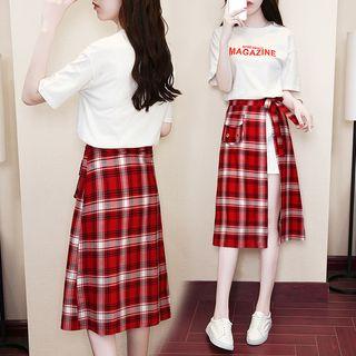 Set: Lettering Short-sleeve Long T-shirt + Plaid Midi Skirt