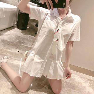 Short-sleeve Pleated Mini A-line Shirtdress