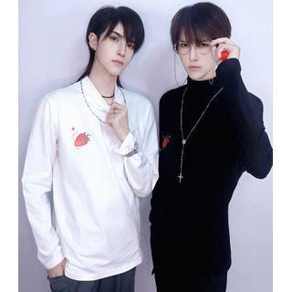 Long-sleeve Strawberry Print Mock-neck T-shirt