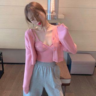 Set: Deep V-neck Plain Bralette + Light Cardigan