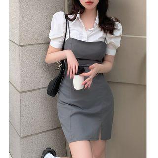 Short-sleeve Slim-fit Blouse / Plain Spaghetti Strap Mini Dress