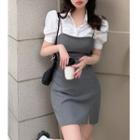 Short-sleeve Slim-fit Blouse / Plain Spaghetti Strap Mini Dress
