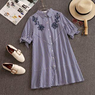 Short-sleeve Floral Embroidered Striped Shirtdress