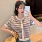 Short-sleeve Flower Print Knit Top Red & Pink Flower - White - One Size