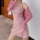 Wide Strap Plaid A-line Dress / Cropped Cardigan