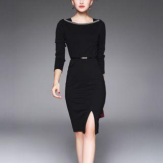 Long-sleeved Crewneck A-line Sheath Plain Long Dress