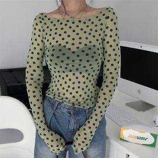 Long-sleeve Flower Printed Mesh Top