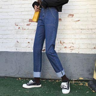 Letter Embroidered Cropped Straight-cut Jeans