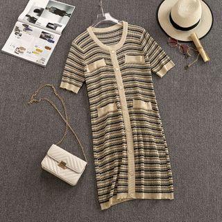 Short-sleeve Striped Knit Dress Almond - One Size