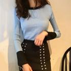 Set : Panel Long-sleeve Knit Sweater + Embellished Mini Skirt