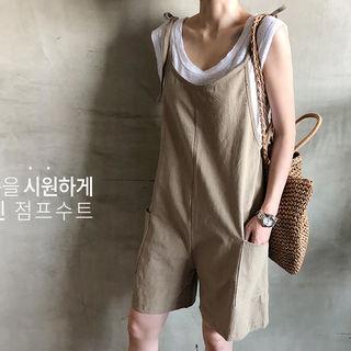 Spaghetti-strap Linen Blend Overall Shorts