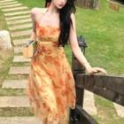 Halter-neck Floral Midi A-line Dress