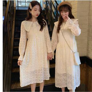 Long-sleeve Collar Midi A-line Lace Dress
