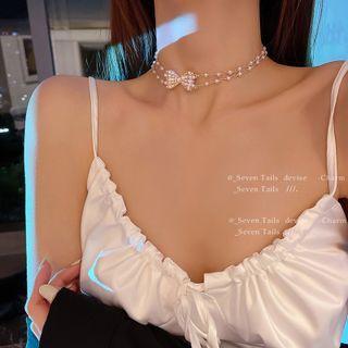 Beaded Bow Necklace Bow Pearl Necklace - One Size