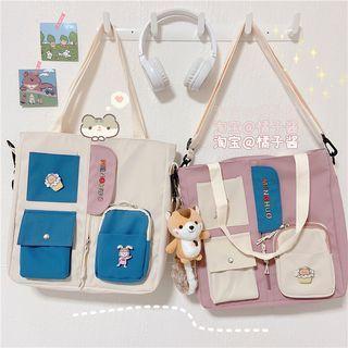 Letter Embroidered Multi-pocket Tote Bag / Badge / Bag Charm / Set