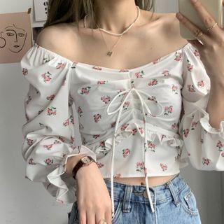 Off-shoulder Floral Print Drawstring Blouse White - One Size