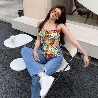 Short-sleeve Lace A-line Dress / Floral Print Camisole Top
