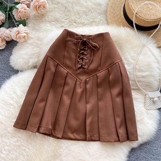 High-waist Lace-up Strap Accordion Pleat A-line Mini Skirt