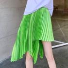 High-waist Plain Irregular Accordion Pleat Skirt Skirt - Green - One Size