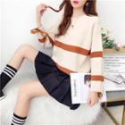 Long-sleeve Bow-accent Striped Knit Top