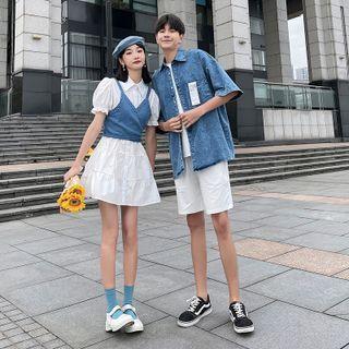 Couple Matching Short-sleeve Dress / Denim Camisole Top / Shirt / Set