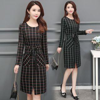 Long-sleeve Windowpane Check Sheath Dress
