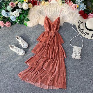 Spaghetti Strap Velvet A-line Maxi Tiered Dress