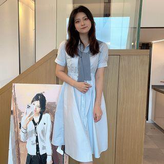 Mock Two-piece Short-sleeve Paneled Shirt Dress