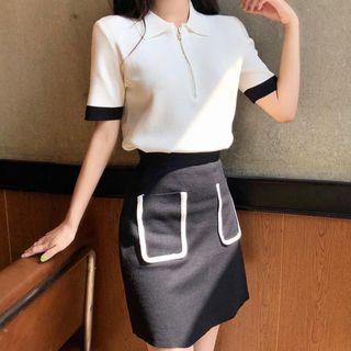 Contrast Trim Zipped Top / Contrast Trim A-line Skirt