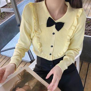 Collared Ruffled Ribbon Knit Top Yellow - M