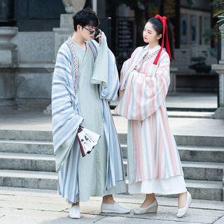 Couple Matching Set : Long-sleeve Hanfu Maxi Dress + Striped Jacket