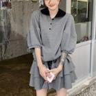 Puff-sleeve Polo Shirt / Layered Mini A-line Skirt