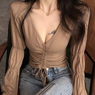 Long-sleeve V-neck Drawstring Top