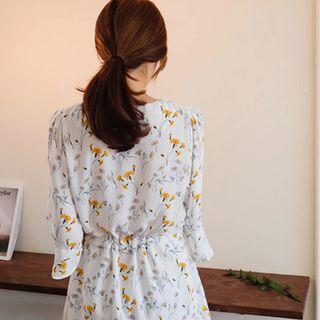 3/4-sleeve Drawstring-waist Frill-hem Floral A-line Dress
