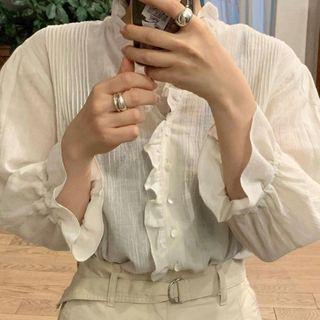 Long-sleeve Stand-collar Ruffle Trim Button Shirt