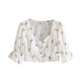 Floral Square Neck Elbow-sleeve Crop Top