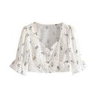 Floral Square Neck Elbow-sleeve Crop Top
