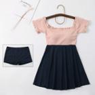 Set: Short-sleeve Two-tone Swim Dress + Shorts