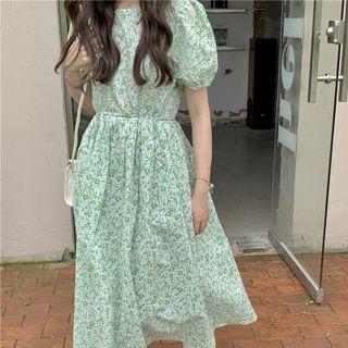 Short-sleeve Floral Print A-line Dress Floral - Green - One Size