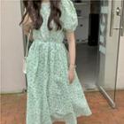 Short-sleeve Floral Print A-line Dress Floral - Green - One Size