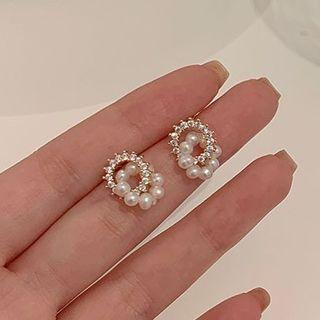 Rhinestone Faux Pearl Hoop Alloy Earring 1 Pair - Gold & White - One Size