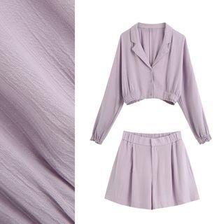 Plain Long-sleeve Cropped Blouse / Wide-leg Shorts / Set