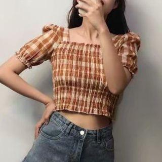 Short-sleeve Plaid Smocked Crop Top