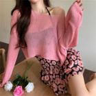 Long-sleeve Cropped Light Knit Top / Floral Print Shirred Mini A-line Skirt