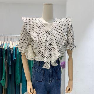 V-neck Ruffle Trim Puff Short-sleeve Dotted Top