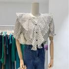 V-neck Ruffle Trim Puff Short-sleeve Dotted Top