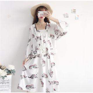 Printed Open-front Jacket / Set: Strappy Top + A-line Midi Skirt