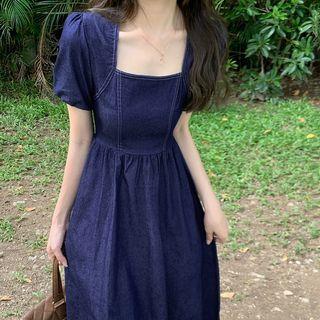 Square Neck Denim Midi A-line Dress