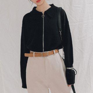 Heart Zip Lapel Knit Top