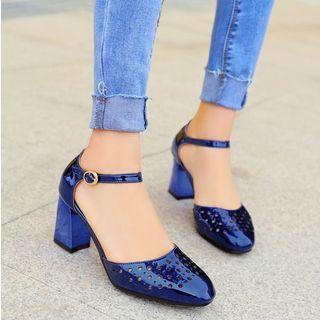 Perforated Ankle Strap Chunky Heel Sandals